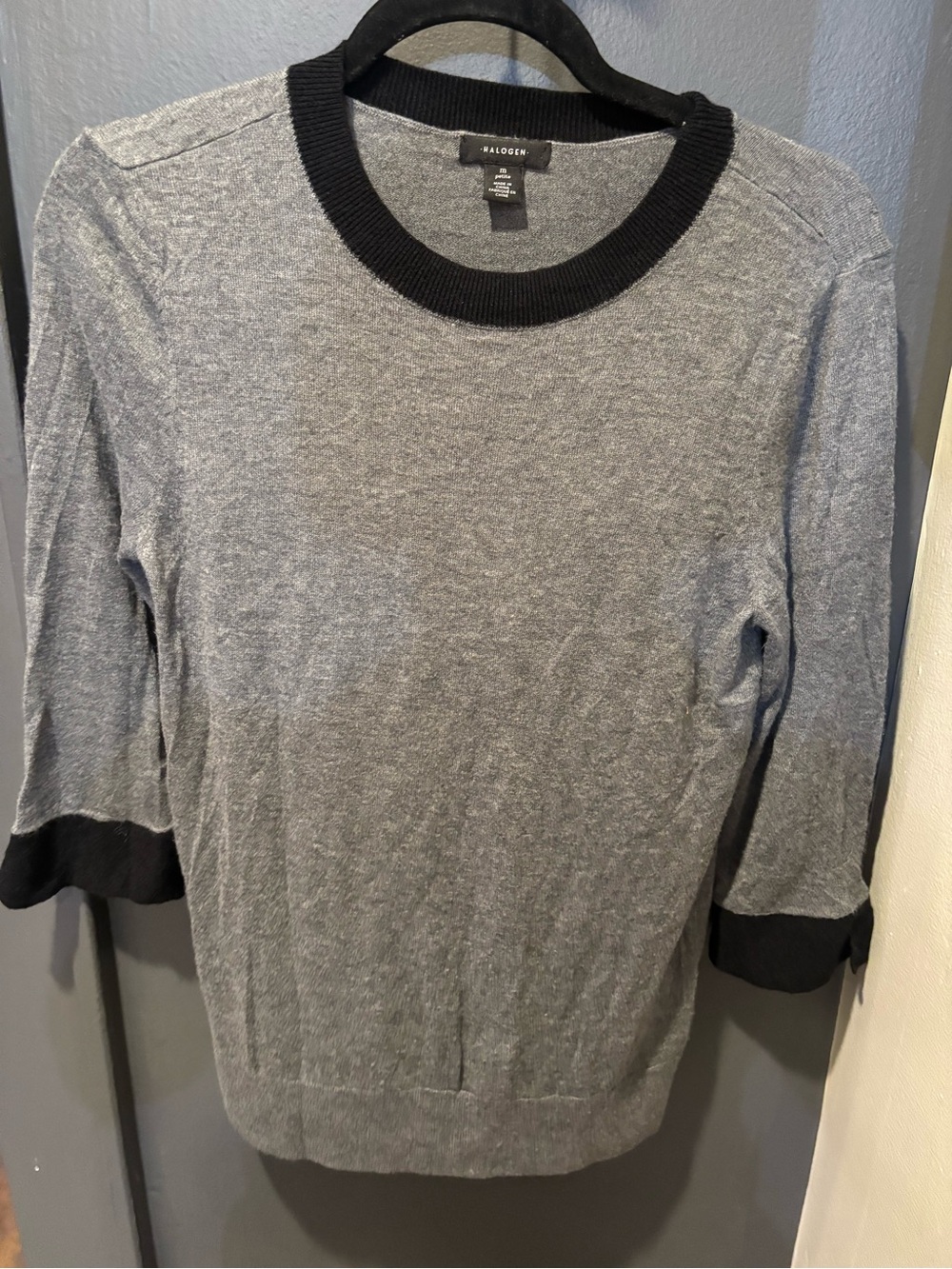 Halogen Gray Crewneck Sweater with Black Collar and Cuffs